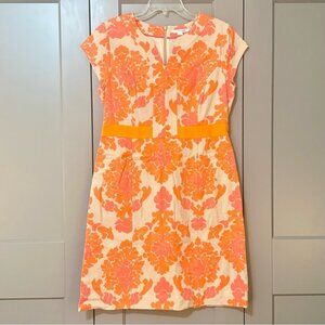 Boden Textured Notch Neck Shift Dress Cotton Floral Orange/Tan Women’s Size 10